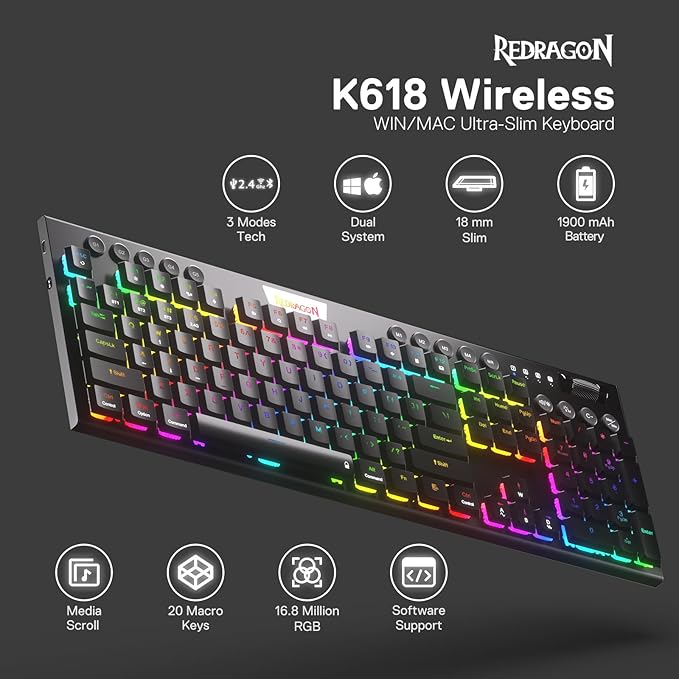Redragon K618 PRO 3-Mode Wireless RGB Mechanical Keyboard, BT/2.4Ghz/Wired Low Profile Win/Mac Gaming Keyboard w/Ultra-Thin Design, Dedicated Media Control & Tactile Blue Switch