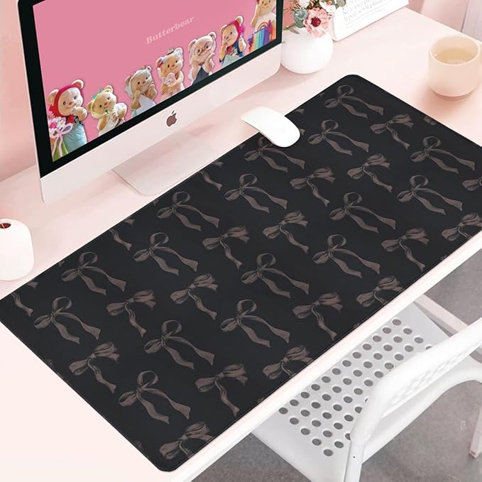 Black Desk Mat with Bows, Black Mouse Pad Non-Slip Rubber Base Girly Gaming Mouse Pad Keyboard Mat with Bow Large Computer Mat Office Supplies Desk Accessories Decor for School Girls Women 31.5 x 15.7