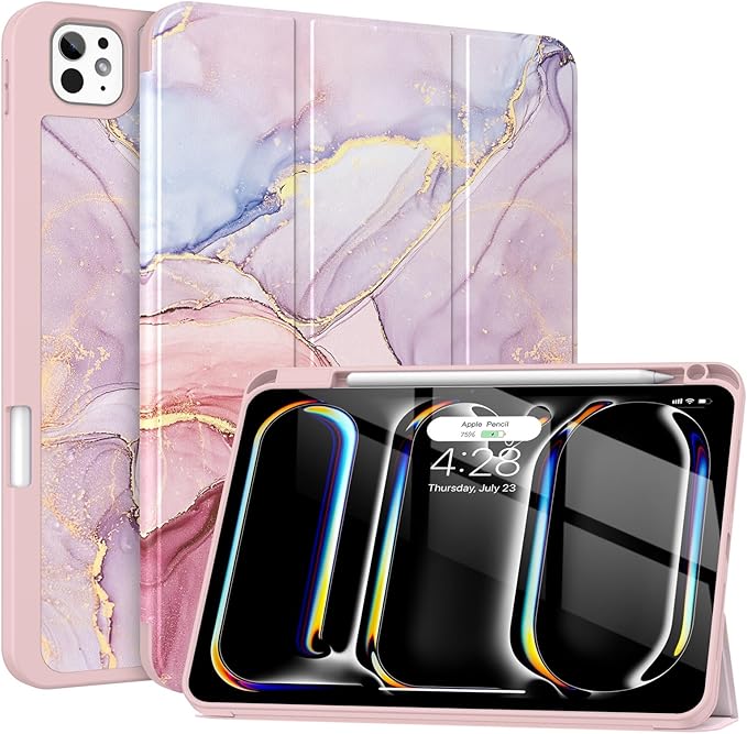 Soke Case for New iPad Pro 11 Inch (M5/M4) 5th Generation 2024-2025 with Pencil Holder - [Shockproof + Apple Pencil Charging + Auto Wake/Sleep], Soft TPU Back Cover for iPad Pro 11", Dreamy Marble