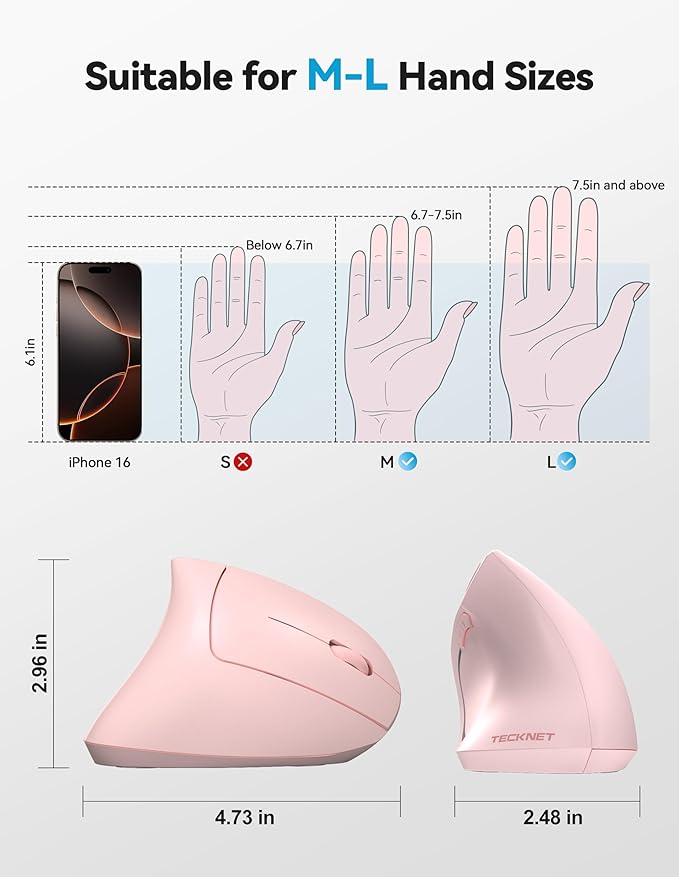 TECKNET Ergonomic Mouse, Rechargeable 2.4G+Bluetooth Vertical Mice 6 DPI Adjustable, Wireless Optical Carpal Tunnel Mouse Right Hand, Multi Device for Laptop, PC, Computer, MacBook, iPad - Pink