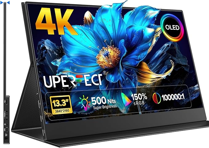 UPERFECT 4K OLED Portable Monitor, 13.3" UHD 3840x2160 Laptop Display, 150% sRGB, 500 Nits, 1ms Response, Ultra-Slim Aluminum Design, Travel Monitor for PC, Phone, Game Console - UColor O Lite