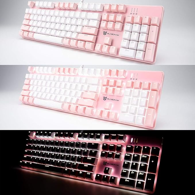 Merdia 104 Keys Full Size Mechanical Keyboard | Brown Switch, Pink & White Color 104 Keys US Layout Led Backlit Hot Swappable Wired Mechanical Light Up Pink Keyboard | Wired Gaming Computer Keyboards