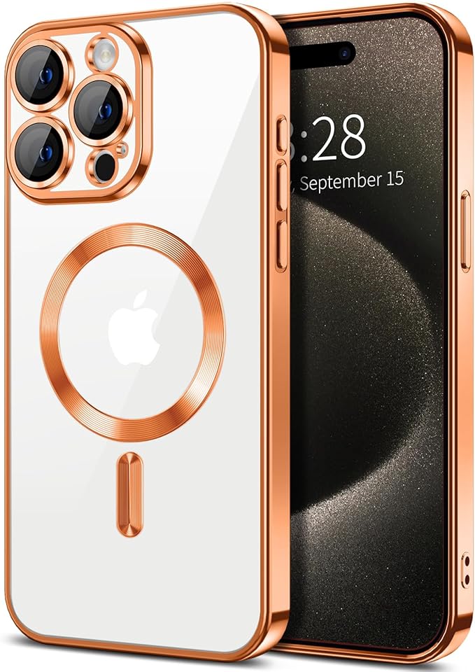 Hython Magnetic Clear for iPhone 15 Pro Case with Camera Lens Protector [Compatible with MagSafe] Luxury Plating Edge Slim Soft TPU Cover Protective Phone Case for iPhone 15 Pro 6.1", Orange