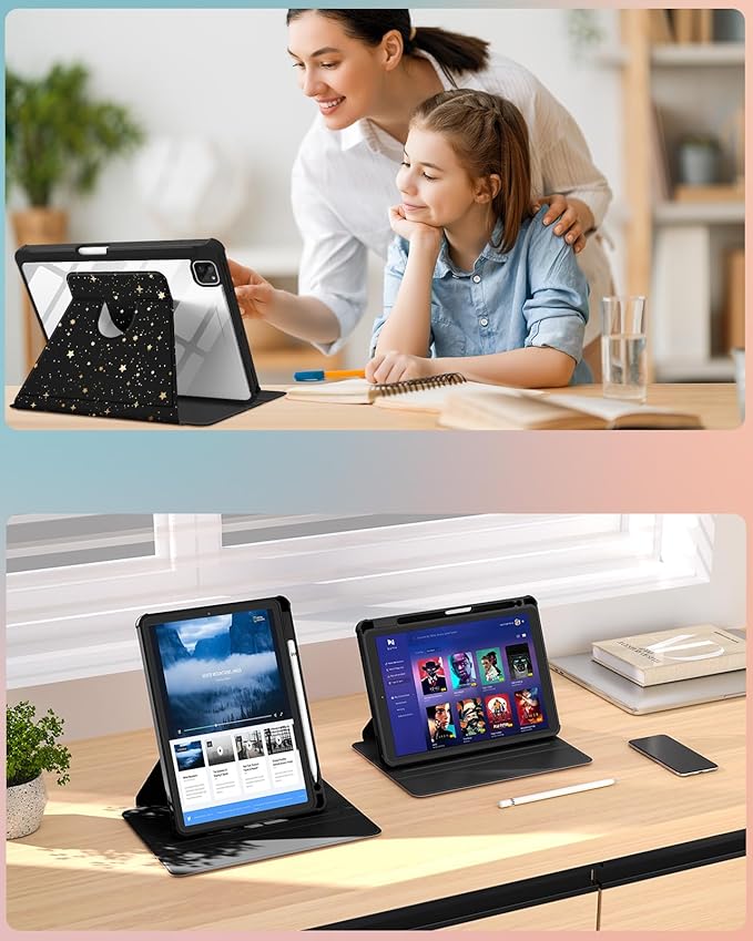 Uppuppy for iPad Air 11 inch Case, Air 5th/4th Generation 10.9, Pro 11'' Case Women Girls for Apple Pencil Holder Cute Sun and Moon Stars Rotating Folio Cover for iPad Air 5/4 (2022/2020)/Pro 11"