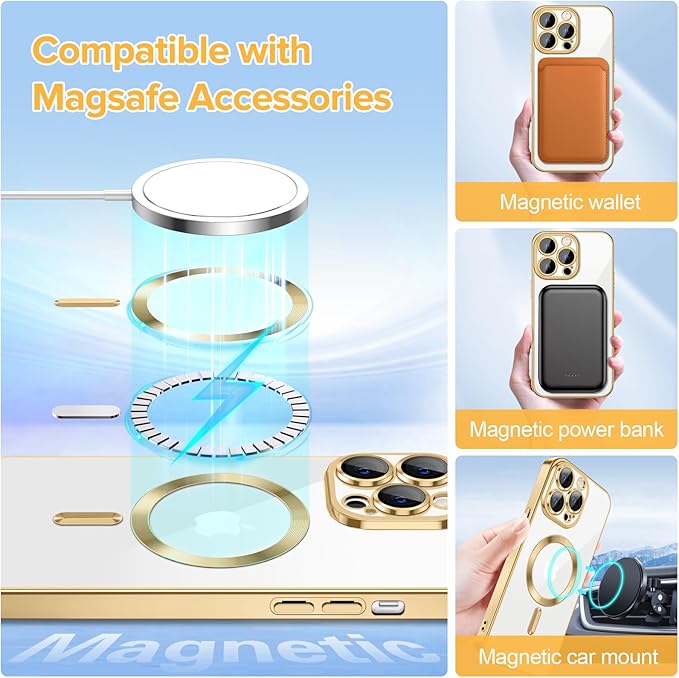 Hython Magnetic Clear for iPhone 12 Pro Case with Camera Lens Protector [Compatible with MagSafe] Luxury Plating Edge Slim Soft TPU Cover Protective Phone Case for iPhone 12 Pro 6.1", Gold