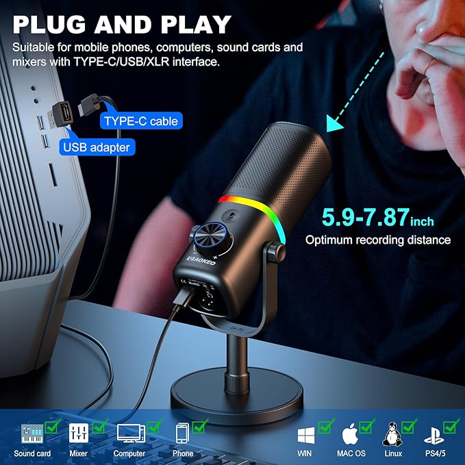 Aokeo Microphone for PC, AK-10 USB/XLR Dynamic Desktop Microphone for Gaming,Podcast,Streaming with RGB Light,Volume Control,Mute Button,Noise Reduction(White)