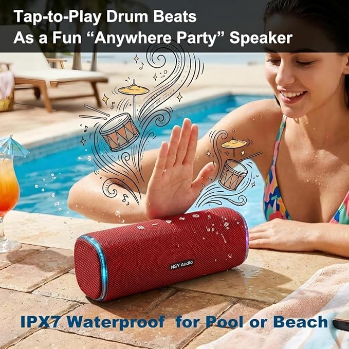 40W Bluetooth Shower Speaker, IPX7 Waterproof Floating Pool Speaker with Interactive Tap-to-Play Drum Beats, RGB Sync Lights, Built-in Mic for Hands-Free Calls, Red