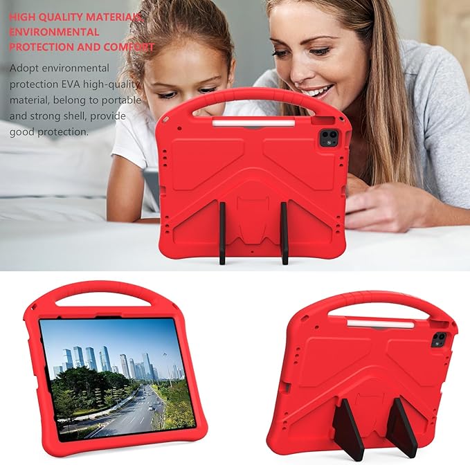 Kids Case for iPad Pro 13 inch M5/M4 (2025/2024) with Kickstand/Pencil Holder/Handle Stand Lightweight Soft EVA Foam Shockproof Heavy Duty Rugged Protection Kids Girls Boys Cover, Red