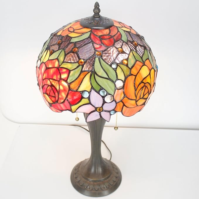 WERFACTORY Tiffany Lamp Stained Glass Table Lamp Red Rose Flower Bedside Desk Reading Light 12X12X22 Inches Decor Bedroom Living Room Home Office S001 Series