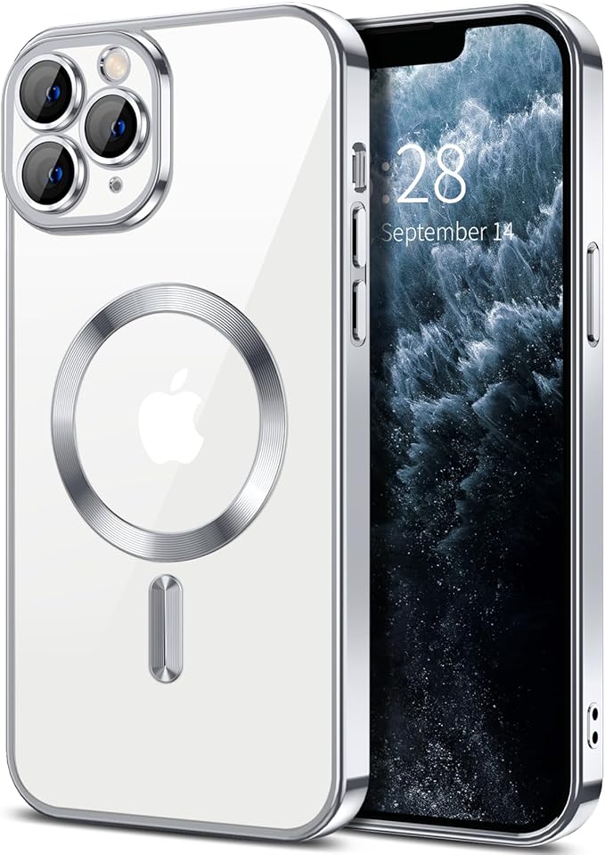 Hython Magnetic Clear for iPhone 11 Pro Max Case with Camera Lens Protector [Compatible with MagSafe] Plating Edge Slim Soft TPU Cover Protective Phone Case for iPhone 11 Pro Max 6.5", Silver