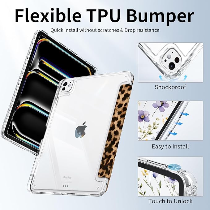 Clear Case for iPad Pro 11-inch M5 (2025), iPad Pro 11 M4 (2024) Case with Pencil Holder, Trifold Sturdy Stand, Transparent Shockproof Back Cover Protection, Brown Leopard