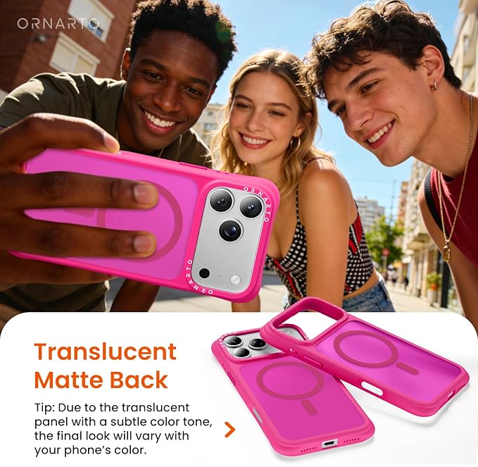 ORNARTO Magnetic for iPhone 17 Pro Max Case, 20FT Military-Grade Drop Protection, Compatible with MagSafe, Slim Shockproof Translucent Matte Phone Case for iPhone 17 Pro Max 6.9", Hot Pink