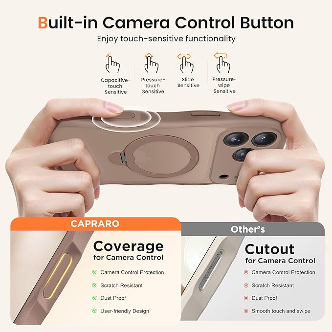 CAPRARO for iPhone 17 Pro Max Case with 360° Spin Magnetic Stand for Women, [Compatible with MagSafe] [Full Camera Protection] Cute Wave Translucent Matte Case for iPhone 17 Pro Max, Brown