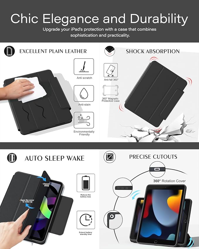 ZENLU iPad 9th 8th 7th Generation Magnetic Case with Removable Folio Cover, Premium Semi-Silicone Leather, Vertical Stand, Clear Back, Smart Sleep/Wake, Full Protective Case for 10.2" iPad (Black)