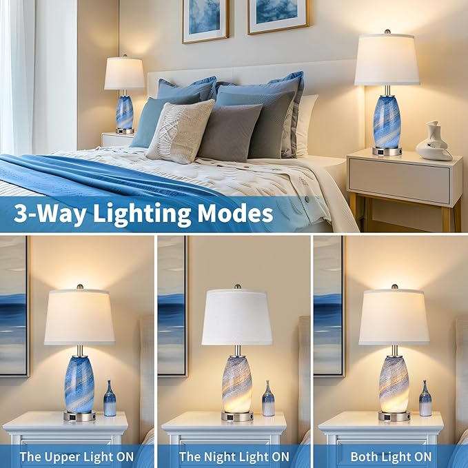 Blue Lamp for Bedroom & Bedside with 3-Way Lighting Modes & USB C+A - Modern Style Glass Nightstand Table Lamp for Living Room & Bedroom Decoration (23.5" H)