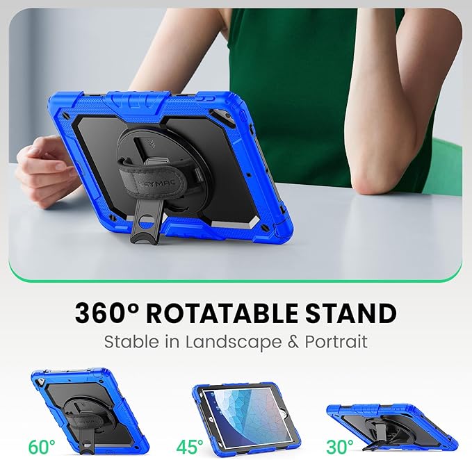 SEYMAC for iPad Air 3/ Pro 10.5 inch Case, Heavy Duty Full-Body Shockproof Protective Case with Screen Protector, 360° Rotating Stand, Hand/Shoulder Strap for iPad Air 3rd Gen, Blue