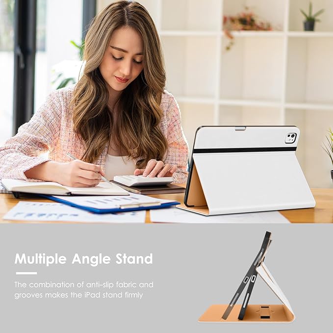 VIKESI Case for iPad Pro 13-inch M5 or M4 Released in 2025 or 2024, Leather Stand Cover with Apple Pencil Holder, Auto Wake/Sleep, Multiple Viewing Angles, Built in Hand Strap & Pocket,White