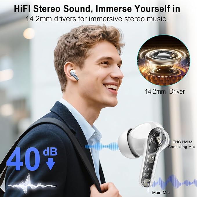 Wireless Earbuds, Bluetooth Headphones 5.4 HiFi Stereo, Ear Buds with 4 ENC Noise Cancelling Mics, 48H Bluetooth Earbuds with Dual LED Display, IP7 Waterproof in Ear Earphones for Android iOS, Gray