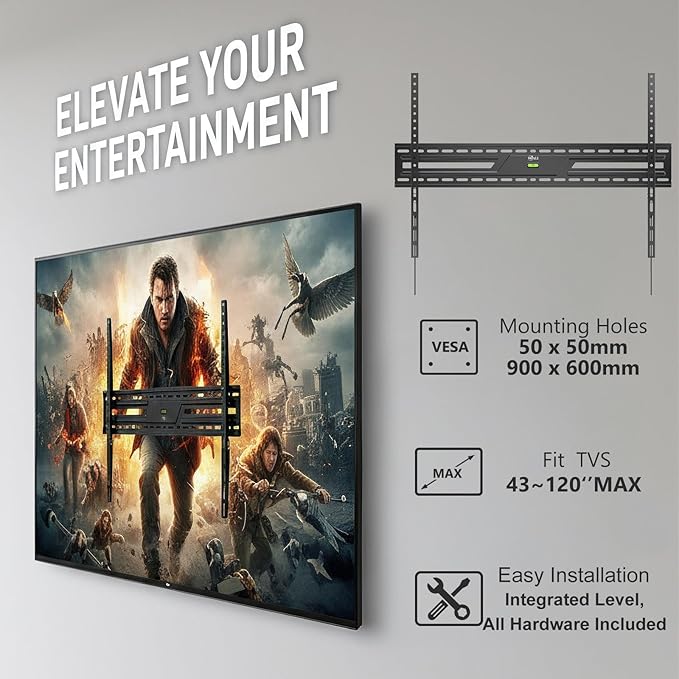 WALI Heavy Duty TV Wall Mount for 43-120 Inch Flat Curved TVs up to 165 lbs,Low Profile 1.2 Inch from Wall,Mounting Holes up to 900x600mm,Compatible with Stud Spacing, Easy Install Bracket,Black