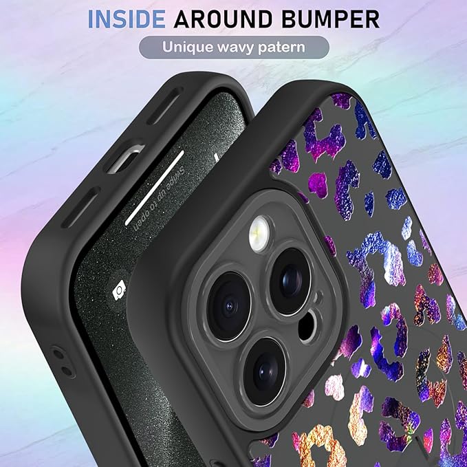 KANGHAR Compatible with iPhone 15 Pro Max Case, Support for MagSafe, Silicone Cute Iridescent Leopard Cheetah Pattern, Wristband Kickstand Shockproof Protective Slim Cover for Women Girls, Black