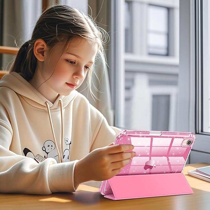 Fintie Slim Case for iPad Mini 7 (A17 Pro, 7th Generation) 2024 / iPad Mini 6 (6th Gen) 8.3 Inch - [Built-in Pencil Holder] Glittering Sparkly Shockproof Cover w/Shiny Clear Back Shell, Pink