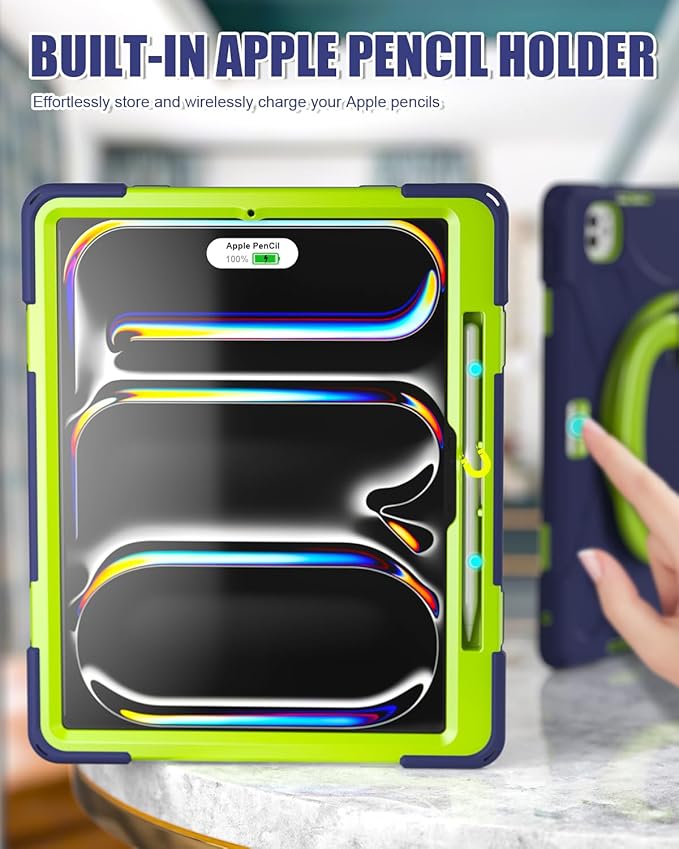 BRAECN for iPad Pro 13 Inch Case (M5/M4) 2025/2024, Shockproof Rugged Silicone Cover with 360°Rotating Handle Grip, Shoulder Strap, Pencil Holder & Ultra Stable Kickstand for Pro 13 Inch, Navy Green