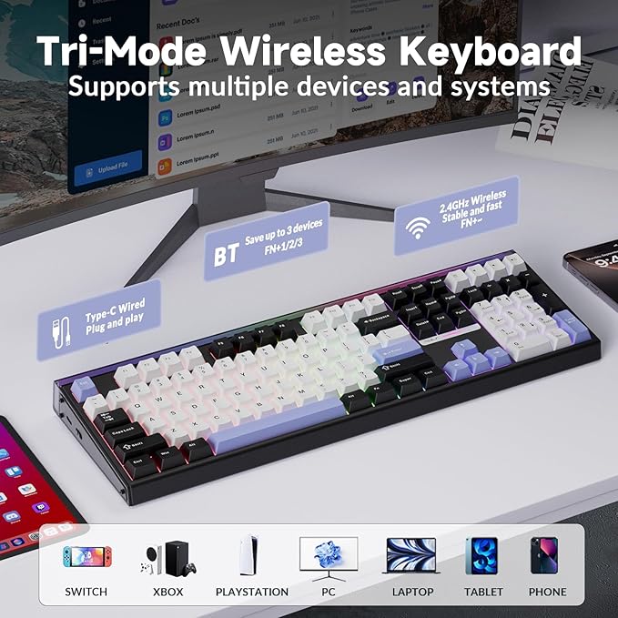 Aula H108 Wireless Mechanical Keyboard, Hot Swappable Silent Keyboard, Full Size Keyboard with Number Pad, Gasket Structure, RGB Backlit Computer Gaming Keyboard with PBT Keycaps for PC/Office