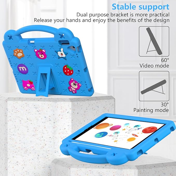 For iPad 9th Generation Case for Kids,iPad 8th 7th Gen Case, Shoulder Strap Shockproof Cute DIY Figures Design Handle Stand Protective Rugged Case for Apple iPad 9th 8th 7th Gen 2021/2020/2019,Skyblue
