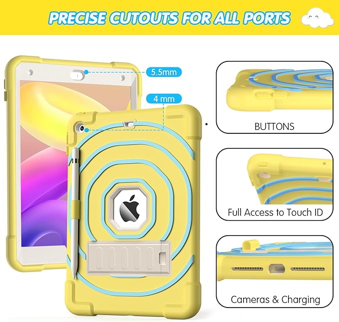 SIBEITU Kids Case for iPad 9th Generation/ 8th Gen/ 7th Gen with Pencil Holder & Stand, Fully-Body Hybrid Shockproof Rugged Drop Protective Cover for iPad 10.2 inch 2021/2020/2019 (Yellow Blue)