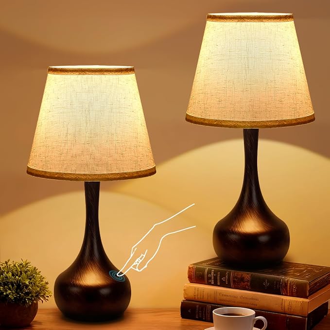 Touch Table Lamp for Bedroom Set of 2, Farmhouse 3-Way Dimmable Bedside Lamps for Nightstand with Fabric Shade, Lamps for Living Room，Desk Lamps for Home Office, Black Lamp for Bedroom