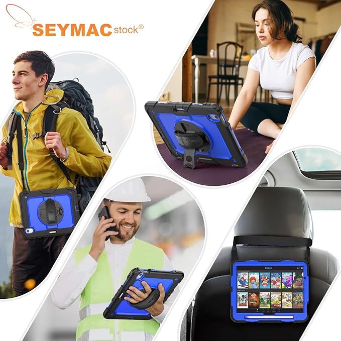 SEYMAC stock Case for iPad Air 11-inch M4-M2 2026-2024 (Gen 8-6), Shockproof Heavy Duty Case with Screen Protector, Pencil Holder, Rotating Stand, Hand Strap, Shoulder Strap, Blue