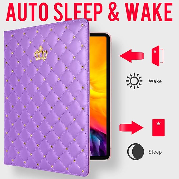 Changjia for iPad Pro 12.9 Inch Case 6th/5th/4th/3rd Generation (2022/2021/2020/2018), Crown Diamond Bling Cute PU Leather Smart Auto Sleep/Wake Stand Shockproof Protective Case for iPad 12.9", Purple