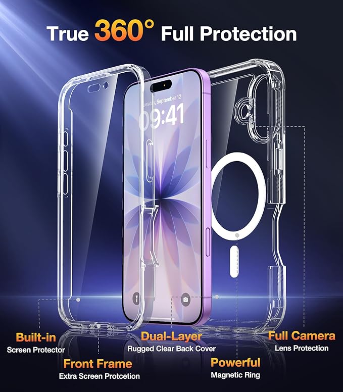 Diaclara Magnetic Designed for iPhone 17 Case 6.3 Inch Full Body Bumper,[Compatible with MagSafe] Military Drop Proof Cover with Built-in Touch Sensitive Anti-Scratch Screen Protector Clear