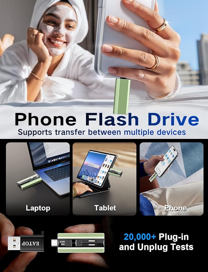 EATOP 512GB Dual Interface Flash Drive, No App Required, Portable USB Storage Memory Stick for iPhone, iPad, Android, PC & Mac – Easily Stores Photos, Videos & Files (Sage Green)