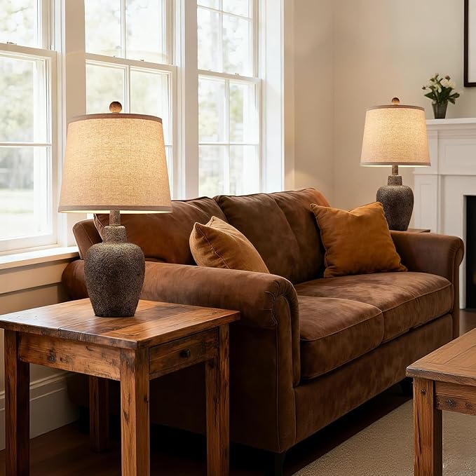21" Table Lamps for Bedroom Set of 2 Small Farmhouse Bedside Lamps for Living Room Rustic Cottage Jar-Shaped Lamp for Nightstand Retro Brown Finish,Bulbs Not Included ﻿