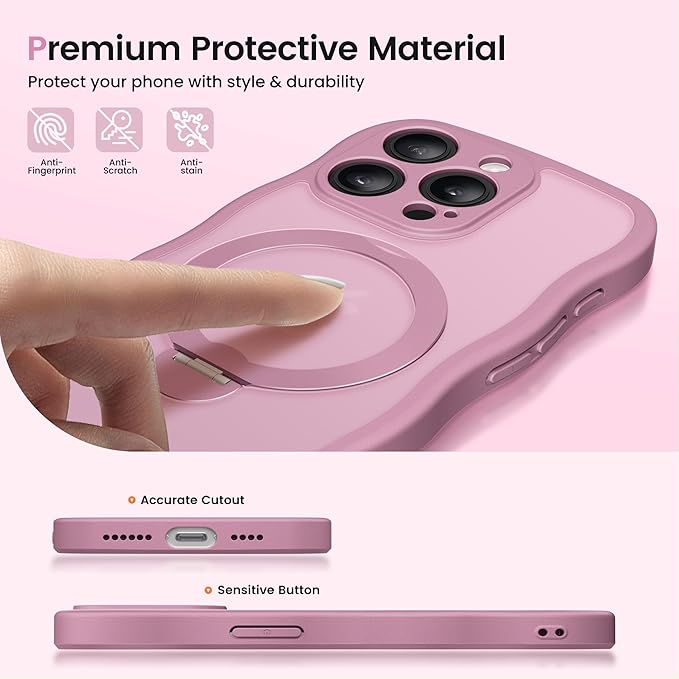 CAPRARO for iPhone 13 Pro Max Case with 360° Spin Magnetic Stand for Women, [Compatible with MagSafe] [Full Camera Protection] Cute Wave Translucent Matte Case for iPhone 13 Pro Max, Black Currant