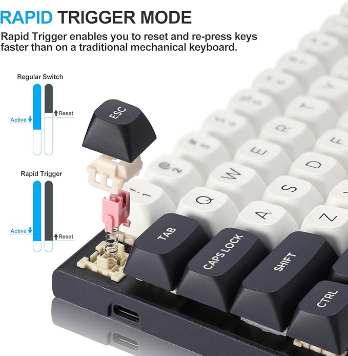 Redragon K701 Rapid Trigger Mechanical Gaming Keyboard, 60% Wired with Adjustable Actuation, Magnetic Switch, 8k Hz Polling Rate, RGB Backlit, 68 Keys Mini for PC Gamer, White/Blue-black