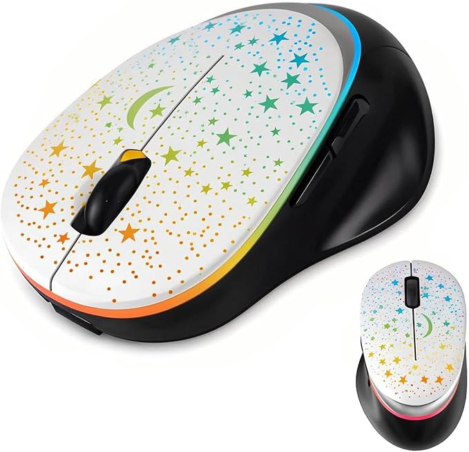 elec Space Bluetooth Wireless Mouse with Starry Sky RGB Backlight& Gradient Breathing Light - Ergonomic Dual Mode Rechargeable Mouse, Type-C Charging - Perfect for Office, Gaming & Travel (White)