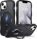CAPRARO for iPhone 13 Case & iPhone 14 Case with 360° Spin Magnetic Stand for Women, [Compatible with MagSafe] [Camera Protection] Cute Wave Translucent Matte Case for iPhone 13/14, Black