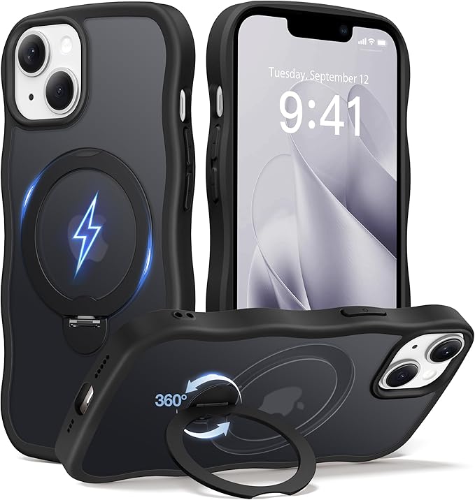 CAPRARO for iPhone 13 Case & iPhone 14 Case with 360° Spin Magnetic Stand for Women, [Compatible with MagSafe] [Camera Protection] Cute Wave Translucent Matte Case for iPhone 13/14, Black