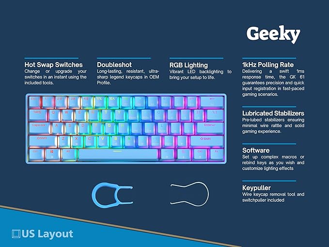 Geeky GK61 60% | Hot Swappable Mechanical Gaming Keyboard | 61 Keys Multi Color RGB LED Backlit for PC/Mac Gamer | ANSI US American Layout (Blue, Mechanical Speed Yellow)