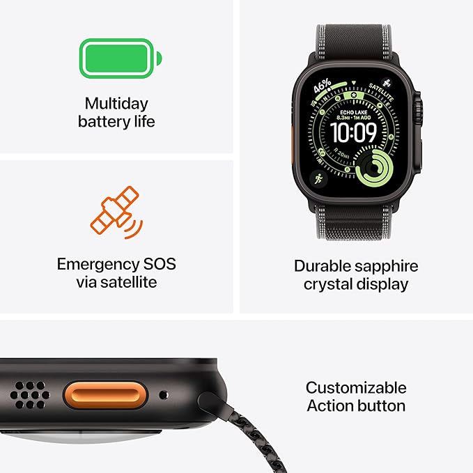 Apple Watch Ultra 3 [GPS + Cellular 49mm] Running & Multisport Smartwatch w/ Rugged Titanium Case w/ Black Titanium Milanese Loop - L w/ AppleCare+ (2 years)