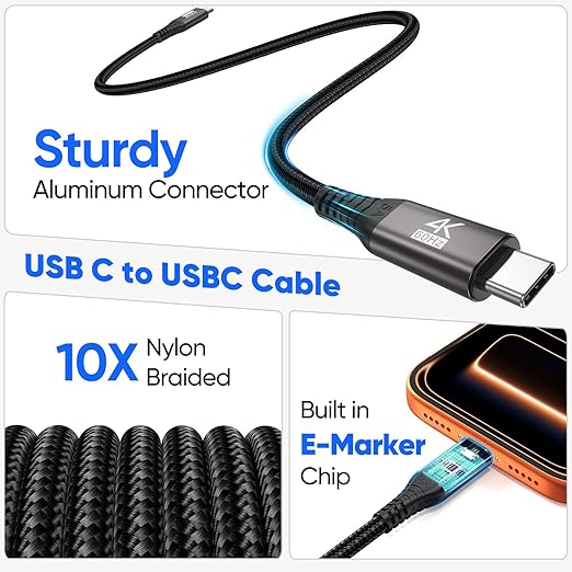 Long USB C Data Cable 15FT, 20Gbps USB 3.2 Gen 2x2 Cord 15 FT Type-C, USBC to C Fast Charging/Data/ Monitor Video Cable(100W, 20Gbps,4K@60Hz) for VR,iPhone 17-15 PM,Sam-sung,MacBook Pro,Camera-4.5M