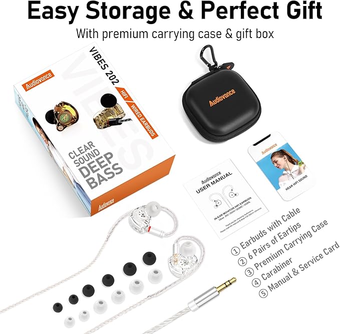 Vibes 202 Wired Earbuds - HiFi in Ear Monitor Headphones – Professional Noise Isolating Ear Buds - Clear Sound, Deep Bass & Comfort-Fit IEM Earphones - MMCX to 3.5mm, Silver Plated Cord, Carrying Case
