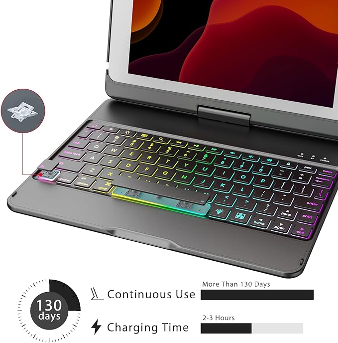 MMK for iPad 6th Generation Case with Keyboard | Compatible with iPad 5th Gen (2017) & iPad Air (1st, 2th Gen | 2013, 2014) & iPad Pro 9.7 inch (2016) | 10 Color Backlight & 360 Rotation-Black