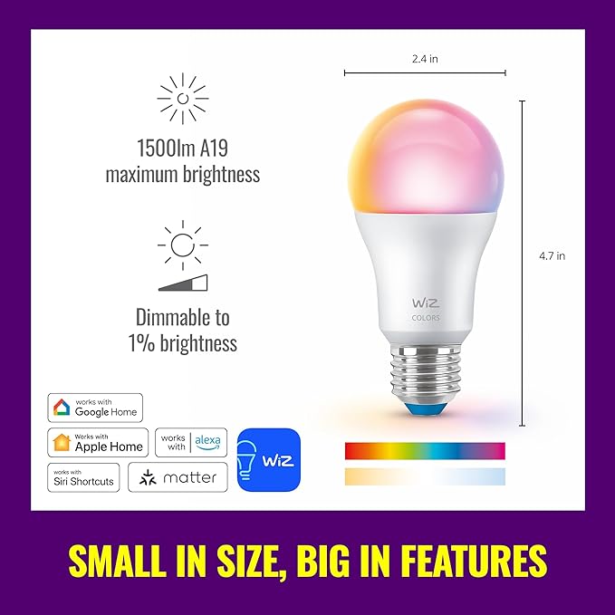 WiZ Connected 100W A19 LED Smart Light Bulbs Color 3-Pack - Connects to Your Wi-Fi - E26 Smart Bulb - Control with Voice or App + Activate with Motion - Matter Compatible