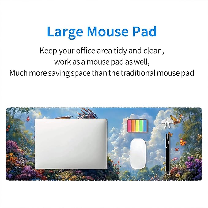 Fantasy Dragon Desk Pad Mouse Pad Forest Colorful Butterfly Flower Mousepad XL Large Gaming Mouse Pad Laptop Keyboard Mat Desk Pad 31.5"x11.8" Office Home Decor for Women Girl