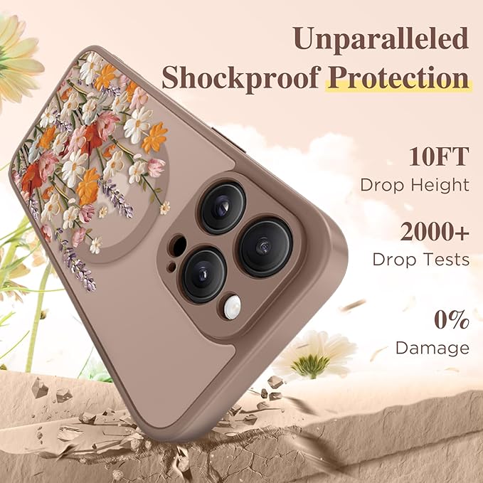 GVIEWIN for iPhone 16 Pro Case Compatible with MagSafe, [Military Grade Protection] [Screen Protector] Full Camera Protection Floral Translucent Women Magnetic Phone Case, Primrose/Brown