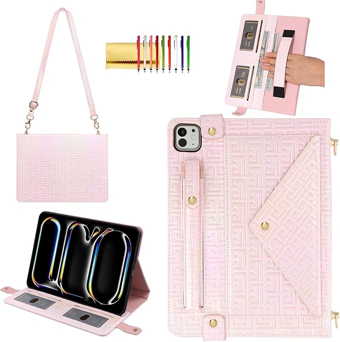 Shiny Case for iPad Pro 11" M5 M4 (2025/2024) Handbag Case, Techcircle Iridescent PU Leather Folio Envelope Pocket Stand Cover with Hand Strap+Shoulder Strap+Pencil Holder+Card Slots, Shiny Pale Pink