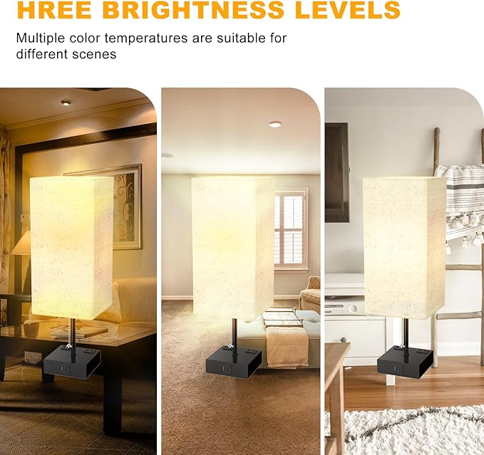 YIDPU Table Lamp for Bedroom with USB,Bedside Lamp with USB C+A Charging Ports,Adjustable 3color LED Light for Home Decor/Nightstand/Office,Included Bulb and Fabric Lamp Shade (Linen White, 2PCS)